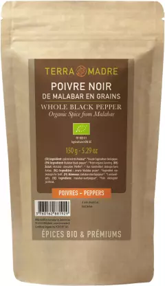 Terra Madre Luomu kokonainen Malabar Mustapippuri täyttöpussi 150g